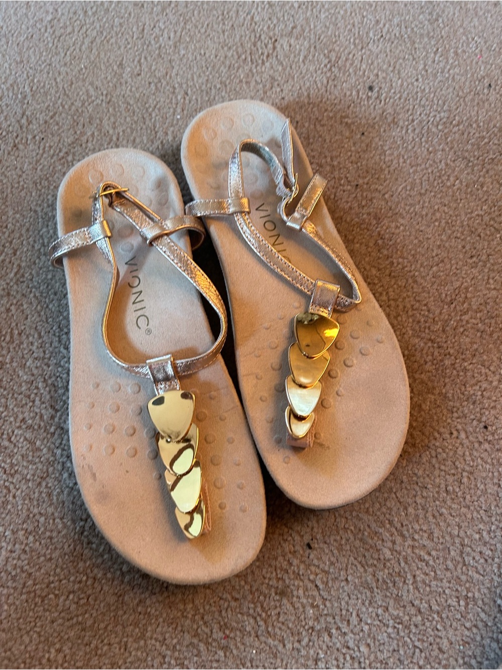 Vionic Gold Metallic Heart-Detail T-Strap Sandals